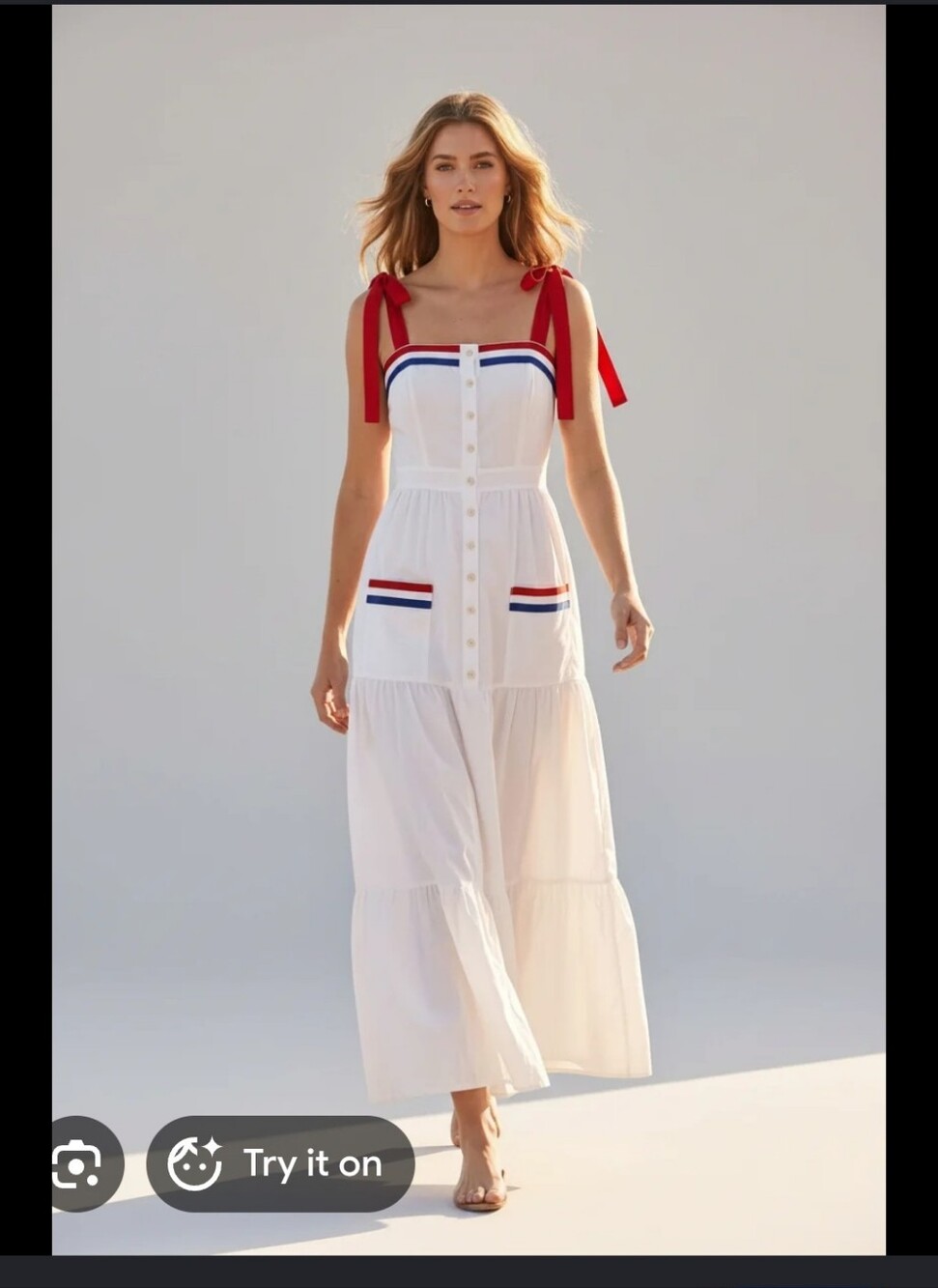 White Maxi Sundress with Red Tie Straps and Nautical Trim